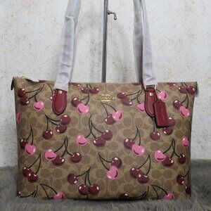 Coach Gallery Tote in Signature Canvas with Cherry Print (Tan)